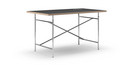 Eiermann Tisch, Linoleum schwarz (Forbo 4023) mit Eichekante, 140 x 80 cm, Chrom, schräg, mittig (Eiermann 1), 110 x 66 cm