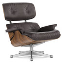 Lounge Chair, Nussbaum schwarz pigmentiert, Leder Premium F chocolate, 84 cm - Originalhöhe 1956, Aluminium poliert