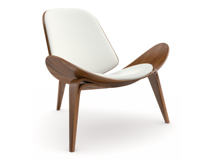 CH07 Shell Chair Nussbaum klar lackiert|Leder weiß