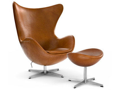 Egg Chair Leder Grace|Walnut|Satingebürstetes Aluminium|Mit Fußhocker
