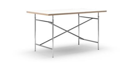 Eiermann Tisch Melamin weiß mit Eichekante|140 x 80 cm|Chrom|schräg, mittig (Eiermann 1)|110 x 66 cm