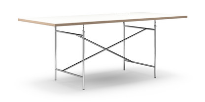 Eiermann Tisch Melamin weiß mit Eichekante|200 x 90 cm|Chrom|schräg, mittig (Eiermann 1)|110 x 66 cm