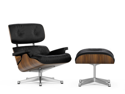 Lounge Chair & Ottoman Nussbaum schwarz pigmentiert|Leder Premium F nero|84 cm - Originalhöhe 1956|Aluminium poliert