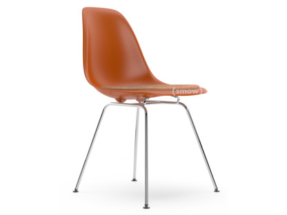 Eames Plastic Side Chair RE DSX Rostorange|Mit Sitzpolster|Cognac / elfenbein|Standardhöhe - 43 cm|Verchromt