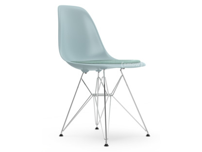 Eames Plastic Side Chair RE DSR Eisgrau|Mit Sitzpolster|Eisblau / elfenbein|Standardhöhe - 43 cm|Verchromt