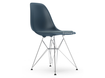 Eames Plastic Side Chair RE DSR Meerblau|Mit Sitzpolster|Eisblau / moorbraun|Standardhöhe - 43 cm|Verchromt