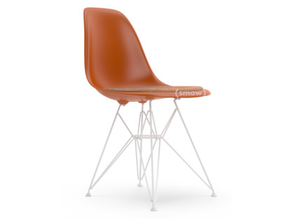 Eames Plastic Side Chair RE DSR Rostorange|Mit Sitzpolster|Cognac / elfenbein|Standardhöhe - 43 cm|Beschichtet weiß