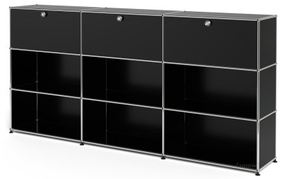 USM Haller Highboard XL, individualisierbar, Graphitschwarz RAL 9011, Mit 3 Klappen, Offen, Offen