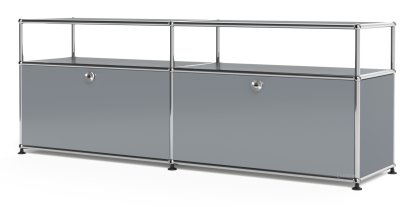 USM Haller Lowboard L mit Aufbau, individualisierbar, Mittelgrau RAL 7005, Mit 2 Klappen, Mit Kabeldurchlass unten mittig