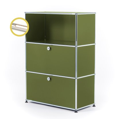 USM Haller E Highboard M mit 2 Klappen und Fachbeleuchtung, Olivgrün RAL 6003, Warmweiß