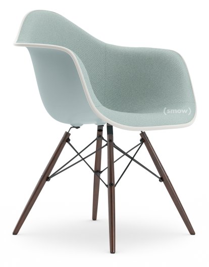 Eames Plastic Armchair RE DAW, Eisgrau, Mit Vollpolsterung, Eisblau / elfenbein, Standardhöhe - 43 cm, Ahorn dunkel