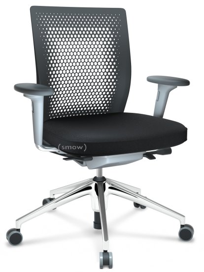 ID Air, Basic dark, Stoff Plano-66 nero, Soft grey, 5-Stern Untergestell, Aluminium poliert, Mit 2D Armlehnen, Hart für Teppichboden