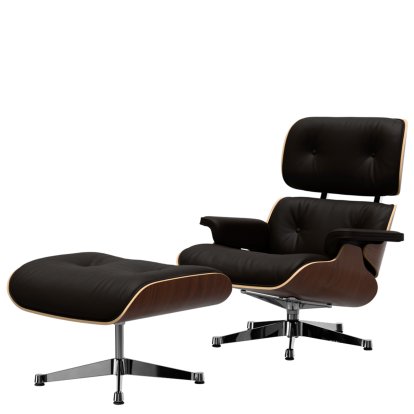 Eames Lounge Chair & Ottoman, Nussbaum dunkel, Leder Premium F chocolate, 89 cm, Aluminium poliert
