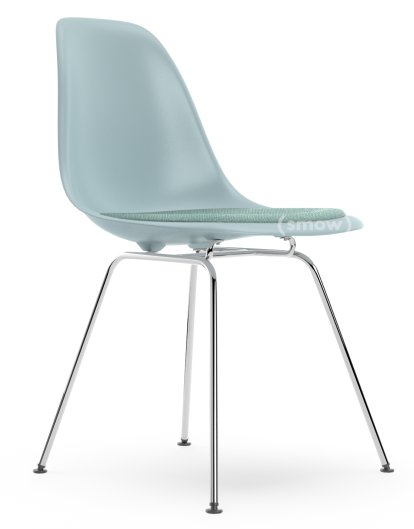 Eames Plastic Side Chair RE DSX, Eisgrau, Mit Sitzpolster, Eisblau / elfenbein, Standardhöhe - 43 cm, Verchromt