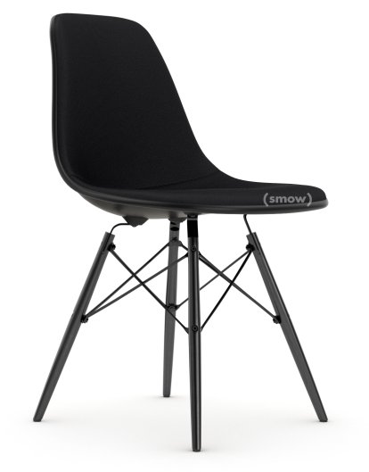 Eames Plastic Side Chair RE DSW, Tiefschwarz, Mit Vollpolsterung, Nero, Standardhöhe - 43 cm, Ahorn schwarz