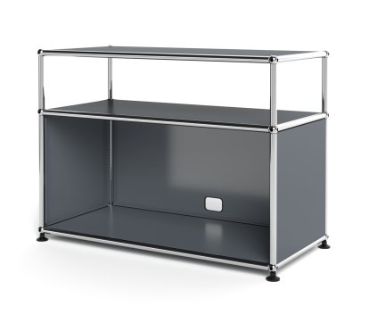 USM Haller Lowboard M mit Aufbau, individualisierbar, Mittelgrau RAL 7005, Mit Klappe, Mit Kabeldurchlass unten mittig