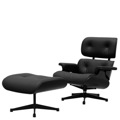 Eames Lounge Chair & Ottoman, Kastanie schwarz, Leder Premium F nero, 84 cm - Originalhöhe 1956, Aluminium poliert, Seiten schwarz