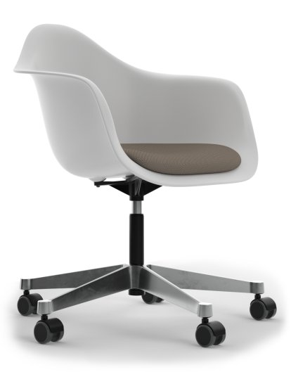 Eames Plastic Armchair RE PACC, Cotton white, Mit Sitzpolster, Warmgrey / moorbraun