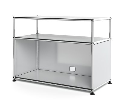 USM Haller Lowboard M mit Aufbau, individualisierbar, Lichtgrau RAL 7035, Mit Klappe, Mit Kabeldurchlass unten mittig