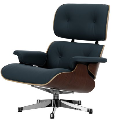 Eames Lounge Chair, Nussbaum dunkel, Leder Premium F rauchblau, 89 cm, Aluminium poliert