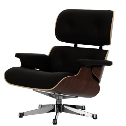 Eames Lounge Chair, Nussbaum dunkel, Leder Premium F chocolate, 84 cm - Originalhöhe 1956, Aluminium poliert
