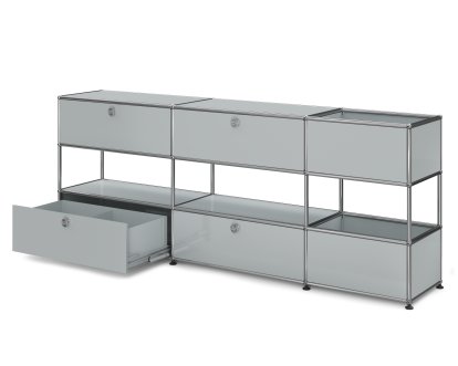 USM Haller Kinder Sideboard L mit Aufbewahrungsboxen, Einfarbig, USM mattsilber, Mit Klappe und Auszug (inkl. Einlegerahmen)