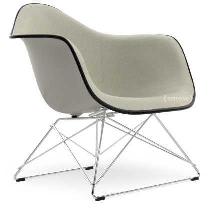 Eames Plastic Armchair RE LAR, Schalenfarbe kieselstein, Vollpolsterung warmgrey / elfenbein, Untergestell verchromt
