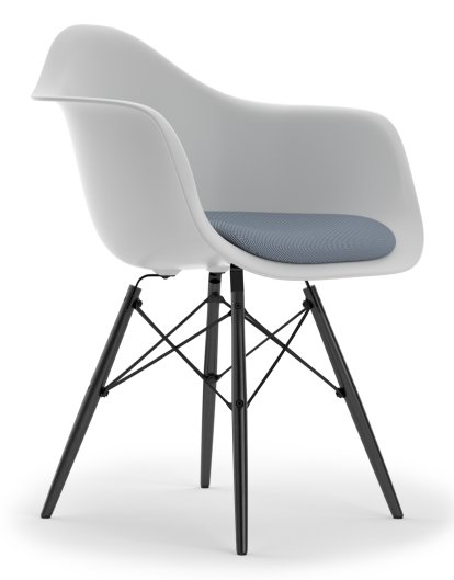 Eames Plastic Armchair DAW, Cotton white, Mit Sitzpolster, Dunkelblau / elfenbein, Standardhöhe - 43 cm, Ahorn schwarz
