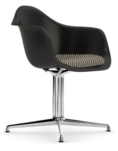 Eames Plastic Armchair DAL, Tiefschwarz, Mit Sitzpolster, Checker, Aluminium poliert, Neue Sitzhöhe (43,0 cm)