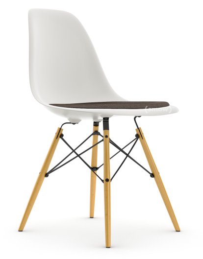 Eames Plastic Side Chair DSW, Weiß non-RE, Mit Sitzpolster, Warmgrey / moorbraun, Standardhöhe - 43 cm, Ahorn gelblich
