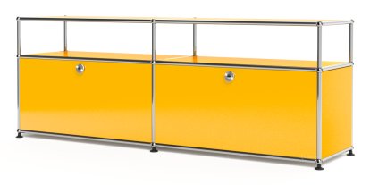 USM Haller Lowboard L mit Aufbau, individualisierbar, Goldgelb RAL 1004, Mit 2 Klappen, Mit Kabeldurchlass unten mittig