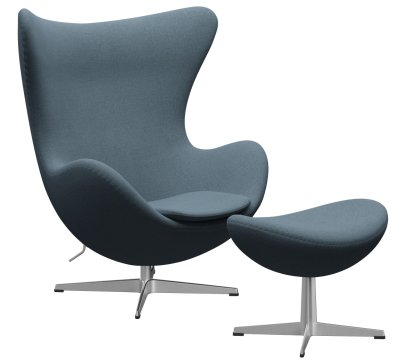 Egg Chair, Re-wool, 768 - Natural / light blue, Satingebürstetes Aluminium, Mit Fußhocker
