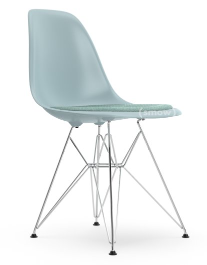 Eames Plastic Side Chair RE DSR, Eisgrau, Mit Sitzpolster, Eisblau / elfenbein, Standardhöhe - 43 cm, Verchromt