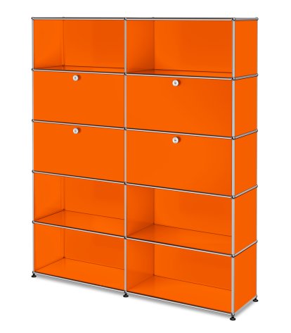 USM Haller Aktenregal L, individualisierbar, Reinorange RAL 2004, Mit 2 Klappen, Mit 2 Klappen, Offen, Offen