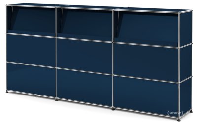 USM Haller Theke Typ 2 (mit Schrägtablaren), Stahlblau RAL 5011, 225 cm (3 Elemente), 35 cm