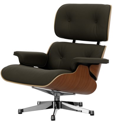 Eames Lounge Chair, Nussbaum natur, Leder Premium F khaki, 89 cm, Aluminium poliert