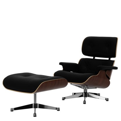 Eames Lounge Chair & Ottoman, Nussbaum dunkel, Leder Premium F nero, 84 cm - Originalhöhe 1956, Aluminium poliert