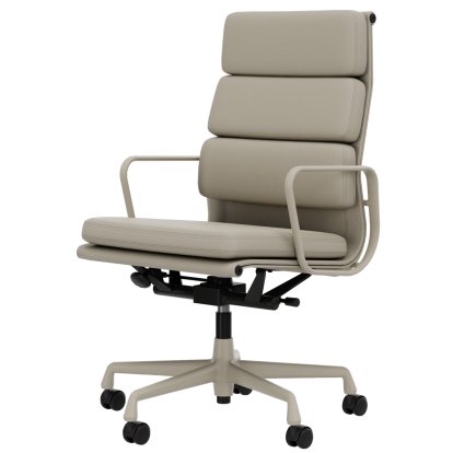 Soft Pad Chair EA 219, Aluminium pulverbeschichtet kreidefarben, Leder Standard Ton, Plano pergamentcreme-weiß, Hart für Teppichboden