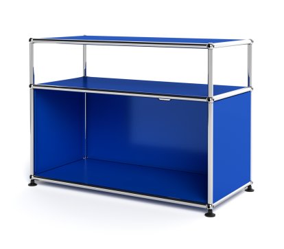 USM Haller Lowboard M mit Aufbau, individualisierbar, Enzianblau RAL 5010, Mit Klappe, Mit Kabeldurchlass oben mittig