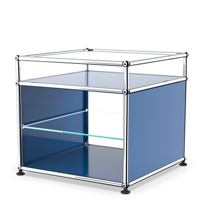 USM Haller Beistelltisch mit Aufsatz und Glas-Zwischentablar, Enzianblau RAL 5010
