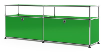 USM Haller Lowboard L mit Aufbau, individualisierbar, USM grün, Mit 2 Klappen, Mit Kabeldurchlass unten mittig