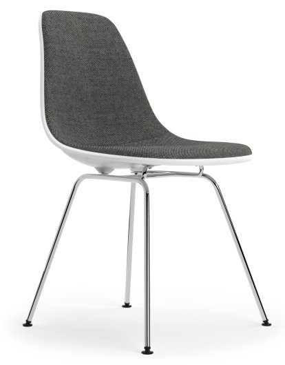 Eames Plastic Side Chair DSX, Cotton white, Mit Vollpolsterung, Nero / elfenbein, Standardhöhe - 43 cm, Verchromt