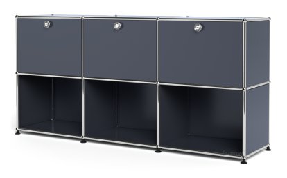 USM Haller Sideboard 50, individualisierbar, Anthrazitgrau RAL 7016, Mit 3 Klappen, Offen
