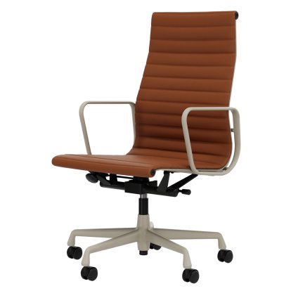 Aluminium Chair EA 119, Aluminium pulverbeschichtet kreidefarben, Leder (Standard), Cognac