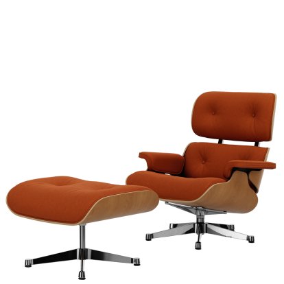 Eames Lounge Chair & Ottoman Calma, Kirsche natur, Calma, cognac, 84 cm - Originalhöhe 1956, Aluminium poliert