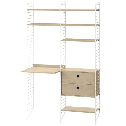 Bodenregal mit Schreibtisch und Aufbewahrung, Fachböden Esche, Seitenwände weiß