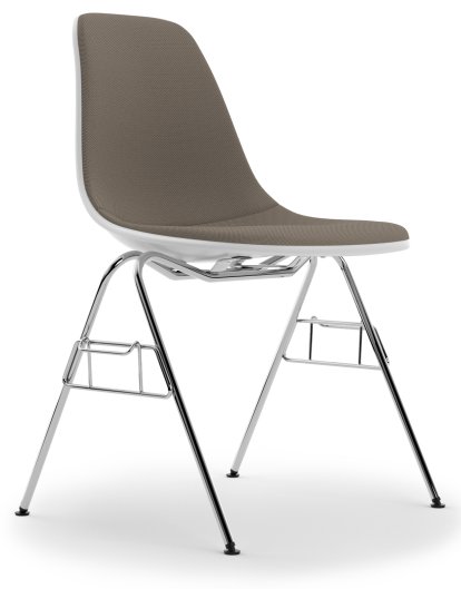 Eames Plastic Side Chair RE DSS / DSS-N, Cotton white, Mit Vollpolsterung, Warmgrey / moorbraun, Mit Reihenverbindung (DSS)
