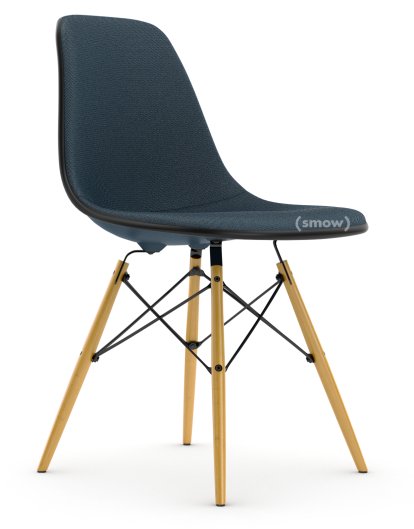 Eames Plastic Side Chair DSW, Meerblau, Mit Vollpolsterung, Meerblau / dunkelgrau, Standardhöhe - 43 cm, Ahorn gelblich