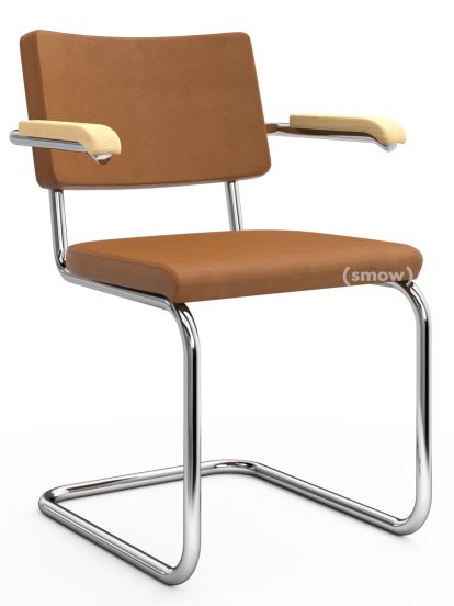 S 64 PV Pure Materials Freischwinger, Nubukleder ockerbraun, Esche, Verchromt, Ohne Gleiter