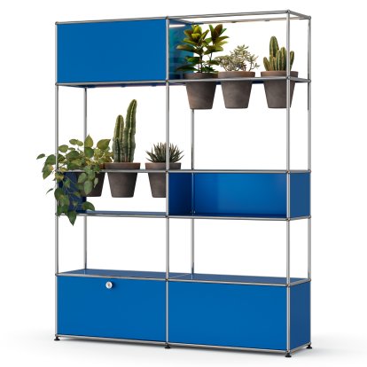 USM Haller E Pflanzenwelten Raumteiler, Enzianblau RAL 5010, Basalt, LED-Beleuchtung warmweiß